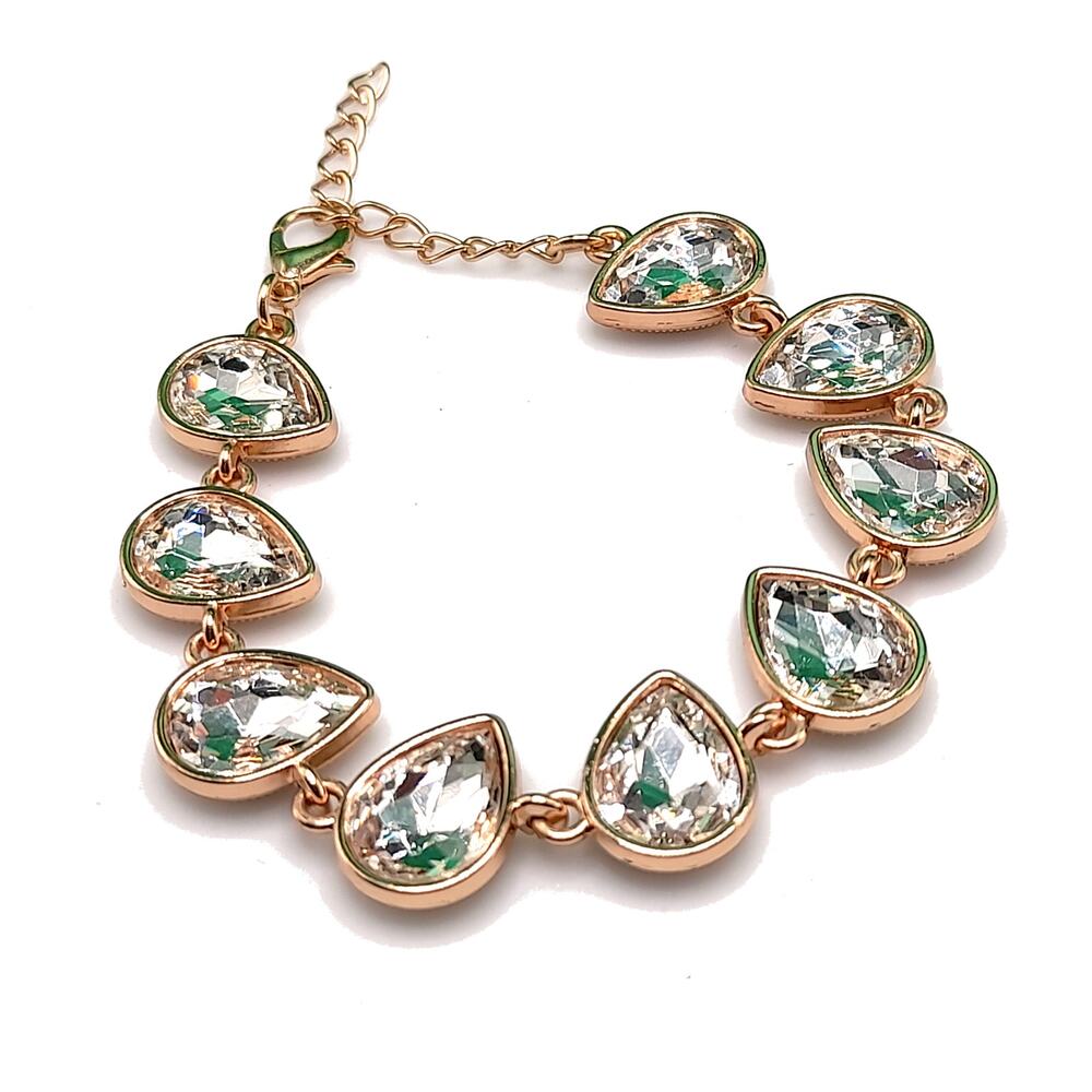 Clear Teardrop Rhinestone Bracelet, Gold Tone, 8 1/2 In